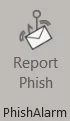 Report Phish button icon showing an envelope with a fishing hook above and sound waves, labeled PhishAlarm.
