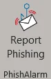 PhishAlarm icon with an envelope hooked by a phishing hook and sound waves, labeled ‘Report Phishing’ and ‘PhishAlarm’ below.”