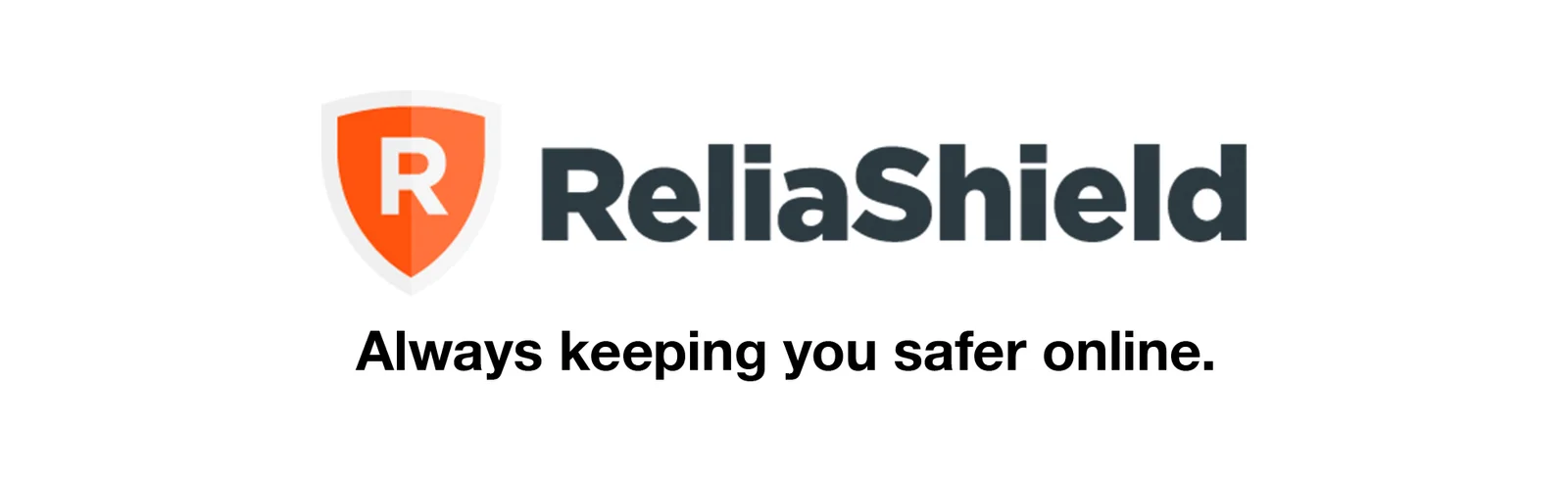 the logo for "ReliaShield," featuring a shield icon in bright orange with a white letter "R" inside. To the right of the icon is the company name "ReliaShield," displayed in bold, dark gray letters. Beneath this logo is the phrase, "Always keeping you safer online," written clearly in bold black text. The image has a simple, clean layout set against a white background, emphasizing reliability and online security.