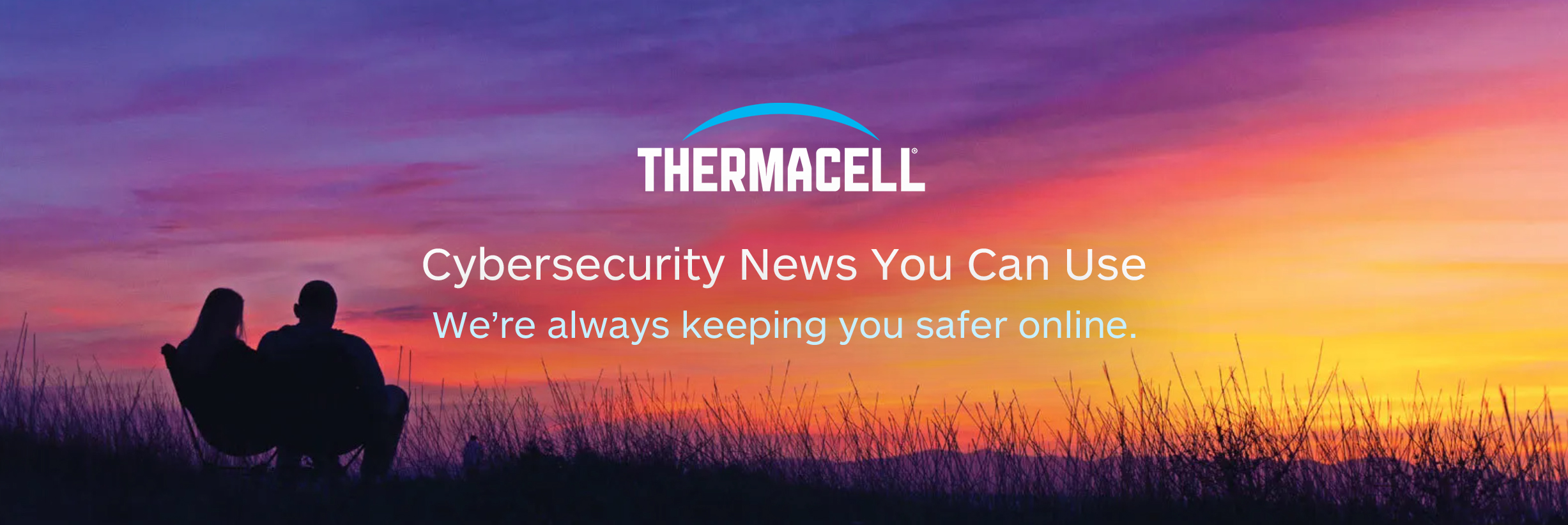 Thermacell logo above the text Cybersecurity News You Can Use and the tagline We’re always keeping you safer online, with a silhouette of two people sitting in a field at sunset with a colorful sky.