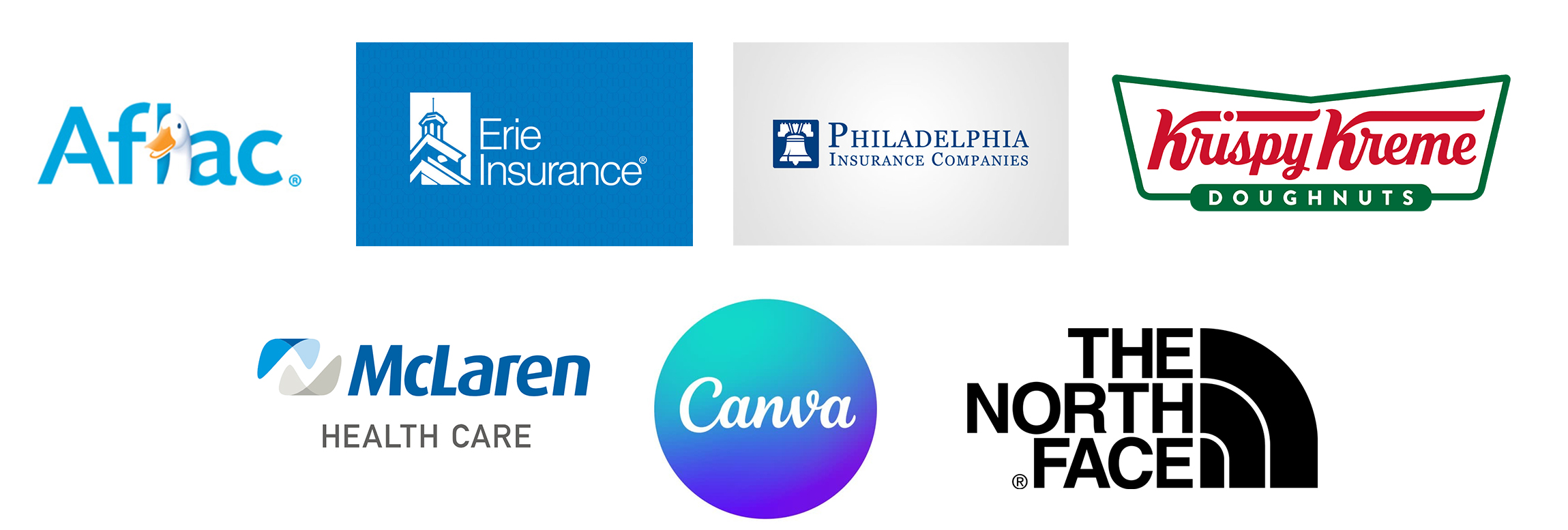 a collection of logos from various companies arranged neatly in two rows: Top Row: Aflac: The logo has the word "Aflac" in blue letters, with the head of a white duck emerging from the letter "f". Erie Insurance: White text reading "Erie Insurance" beside a white icon depicting a stylized clock tower on a solid blue rectangle. Philadelphia Insurance Companies: A navy blue icon of the Liberty Bell beside blue text "Philadelphia Insurance Companies," all on a white background. Krispy Kreme Doughnuts: Text in red script saying "Krispy Kreme," set above a green rounded rectangle with the word "Doughnuts" in white. Bottom Row: McLaren Health Care: Stylized, abstract shapes in shades of blue and grey next to the bold navy-blue word "McLaren," with the words "HEALTH CARE" below in grey. Canva: A circular gradient logo transitioning from teal to purple, with the word "Canva" written in white script at the center. The North Face: Bold black text stacked vertically beside a quarter-circle graphic formed by three curved lines, symbolizing a simplified outline of a mountain face. The image presents these well-known brand logos clearly on a white background.