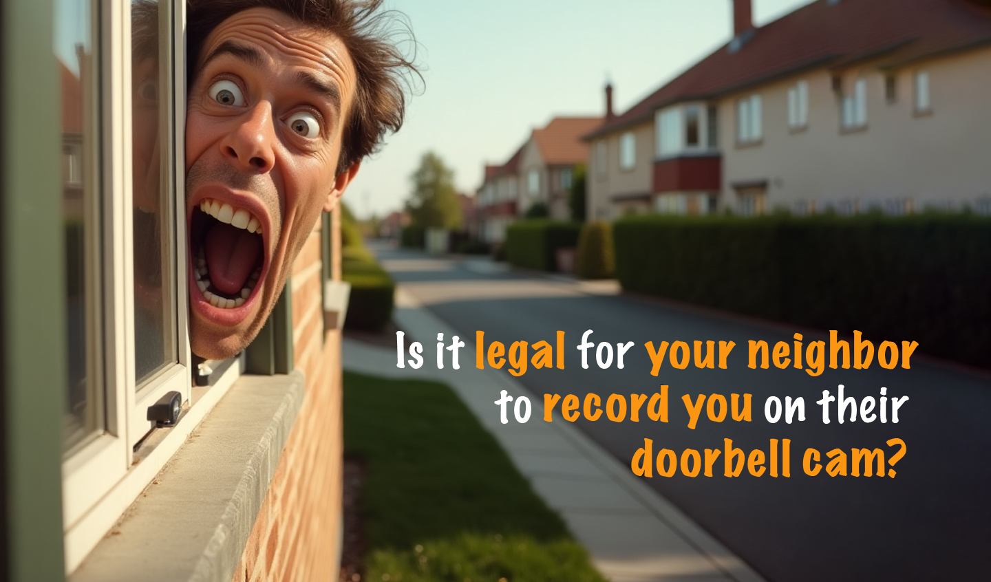 a humorous image showing a man dramatically sticking his head out of a window, eyes wide open and mouth agape in exaggerated shock or surprise. The scene is set in a quiet residential neighborhood, with houses neatly aligned and trimmed hedges along a sidewalk. Overlaid text on the bottom-right corner of the image asks: "Is it legal for your neighbor to record you on their doorbell cam?" The words "legal," "your neighbor," and "record you" are emphasized with orange color, highlighting privacy concerns and neighborly surveillance themes.