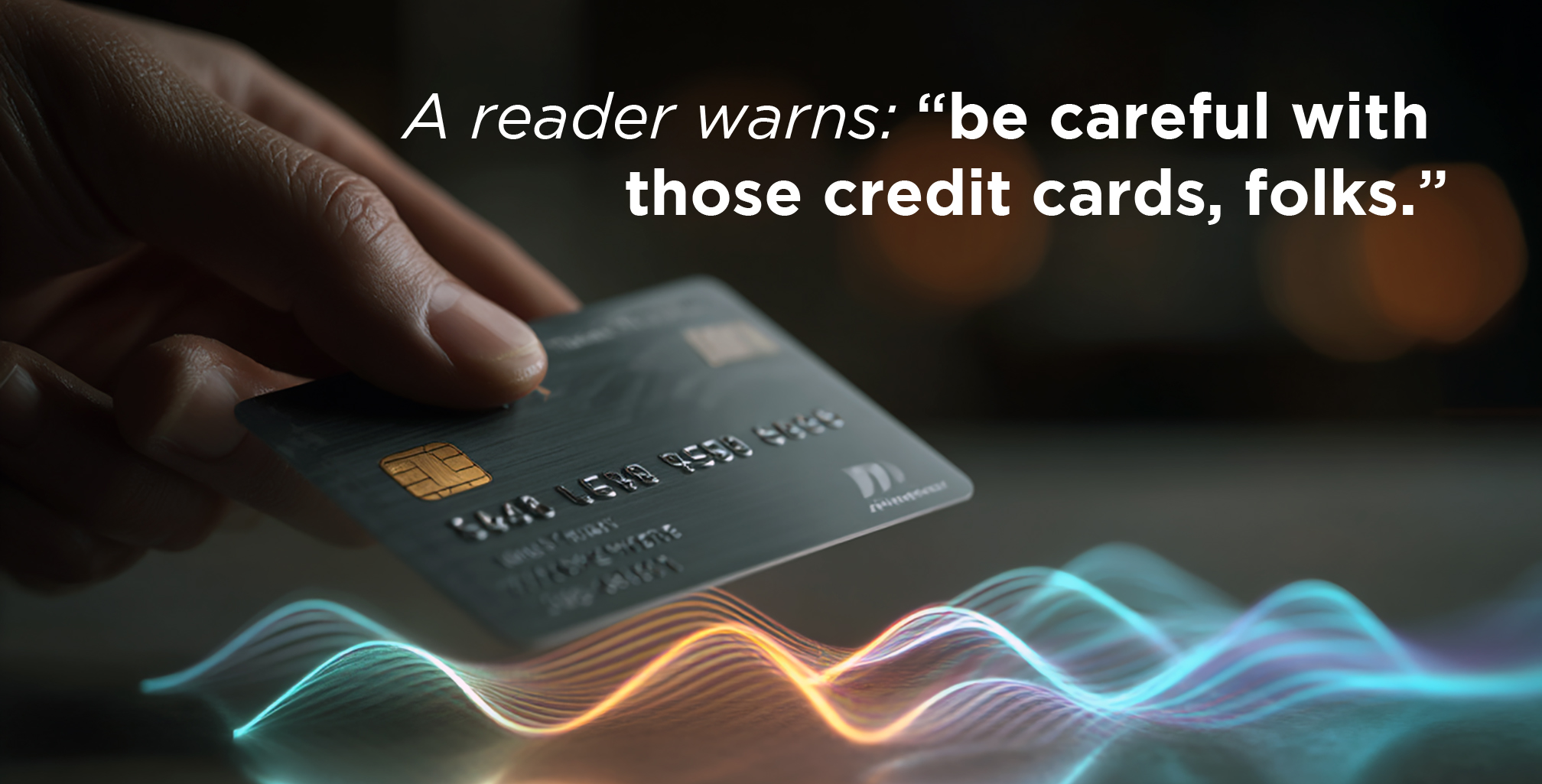 A close-up photo shows a hand holding a dark-colored credit card with a visible chip. Below the card is a glowing, wavy line of neon light in shades of blue, pink, and purple, representing wireless signals or contactless technology. The background is dark and softly blurred with warm bokeh lights. White text at the top says: “A reader warns: ‘be careful with those credit cards, folks.’” The image suggests a reminder to stay cautious when using credit cards, especially with contactless or NFC features.