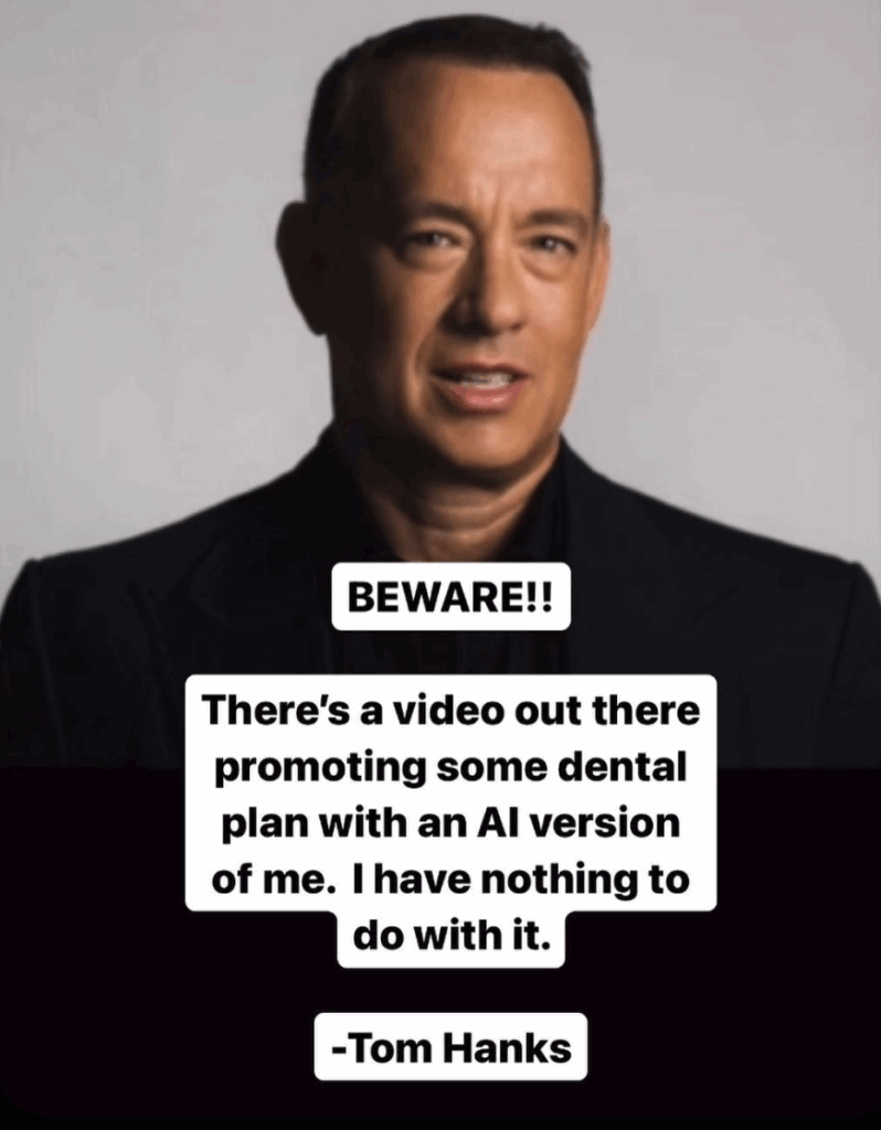 O ChatGPT disse: a portrait-style image showing a well-known figure wearing a dark suit jacket against a plain, neutral background. Overlaid text in bold white blocks reads: "BEWARE!! There's a video out there promoting some dental plan with an AI version of me. I have nothing to do with it. -Tom Hanks" The message emphasizes caution regarding misleading or unauthorized use of artificial intelligence-generated likenesses, raising awareness of potential misinformation or deepfake technology.