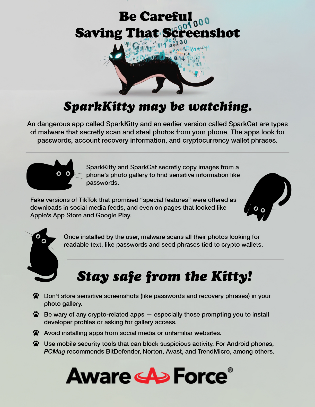 Poster-style cybersecurity awareness image with a gray background and black cartoon cat illustrations. The top headline says, “Be Careful Saving That Screenshot,” followed by a drawing of a black cat with glowing blue eyes and binary code trailing behind it. Below the cat, bold black text reads, “SparkKitty may be watching.” The graphic explains that SparkKitty and SparkCat are malicious apps that steal photos from phones to search for sensitive data like passwords, account recovery details, and cryptocurrency wallet phrases. Text warns that the malware scans the photo gallery after being installed and may come disguised as fake versions of apps like TikTok. Near the bottom, the section titled “Stay safe from the Kitty!” offers tips: Don’t store sensitive screenshots in your photo gallery. Avoid crypto-related apps that request gallery access. Don’t install apps from unknown or social media sources. Use mobile security tools like BitDefender, Norton, Avast, or TrendMicro (as recommended by PCMag). The poster concludes with the red and white Aware Force logo.