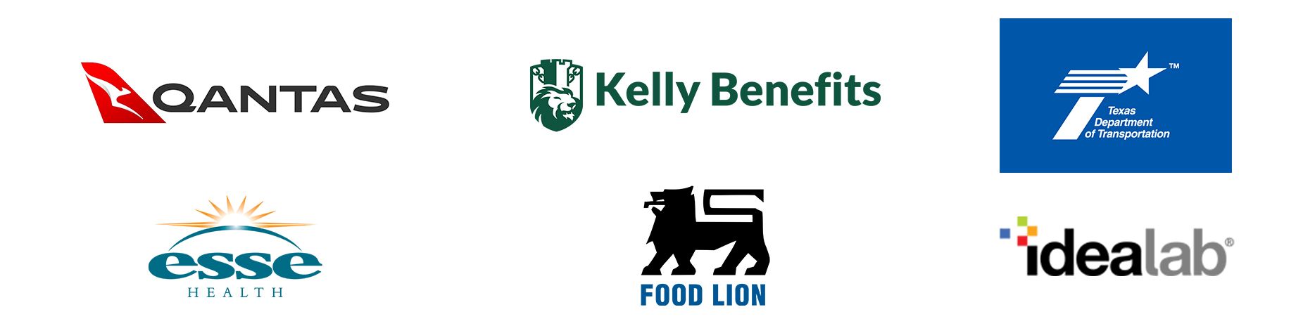 The image shows six company and organization logos arranged in two rows and three columns on a white background. Top left: The Qantas logo, featuring a stylized red kangaroo on a red triangle next to the word “QANTAS” in bold, modern gray lettering. Top center: The Kelly Benefits logo, with a green lion’s head in front of a heraldic shield, followed by the company name “Kelly Benefits” in green sans-serif font. Top right: The Texas Department of Transportation logo, which is a blue rectangle with a white star and motion lines, a stylized road, and the words “Texas Department of Transportation” underneath in white. Bottom left: The Esse Health logo, which includes a sunrise graphic over a blue arc with “esse” in large lowercase blue letters and “HEALTH” in smaller capital letters below. Bottom center: The Food Lion logo, showing a bold black lion graphic standing on four legs, with “FOOD LION” written underneath in uppercase blue letters. Bottom right: The Idealab logo, displaying the word “idealab” with “idea” in black and “lab” in gray, and four small colorful square pixels (red, green, yellow, and blue) forming a plus sign to the left. The image appears to represent companies and organizations impacted by a data breach or cybersecurity event.