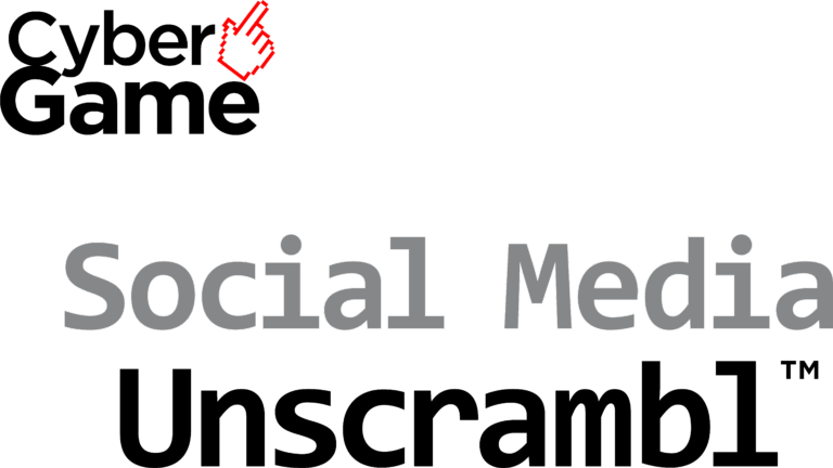 The image is a logo-style graphic with the title “Cyber Game: Social Media Unscramble”. The top of the image shows the words “Cyber Game” in black bold letters, next to a red pixelated hand-shaped cursor icon pointing upward. Below this, large grey block letters spell out “Social Media” in a modern, monospaced font. Underneath, the word “Unscramble” is written in all lowercase letters, appearing partially transparent or slightly distorted, suggesting a puzzle theme. The overall design uses simple, clean typography to evoke the idea of an interactive game or activity focused on unscrambling words related to social media and cybersecurity.
