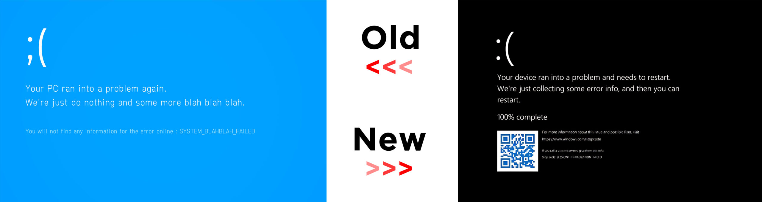A side-by-side comparison shows the old and new versions of the Windows “Blue Screen of Death” error message. On the left, the “Old” screen is bright blue with a sad face emoticon and the text: “Your PC ran into a problem again. We’re just do nothing and some more blah blah blah.” Below that, it says: “You will not find any information for the error online: SYSTEM_BLAHBLAH_FAILED.” On the right, the “New” version has a black background with a white sad face emoticon and updated text: “Your device ran into a problem and needs to restart. We’re just collecting some error info, and then you can restart. 100% complete.” Below is a QR code and a link for more information about the error and possible fixes. Between the two images, red arrows point from “Old” to “New.