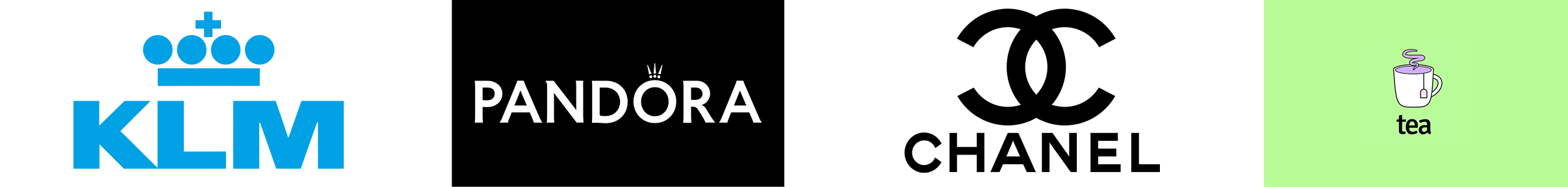 four logos in a row. From left to right, they are: the blue KLM Royal Dutch Airlines logo, the Pandora jewelry logo on a black background, the interlocking C's of the Chanel logo, and a simple drawing of a purple cup of tea on a light green background with the word "tea" underneath.