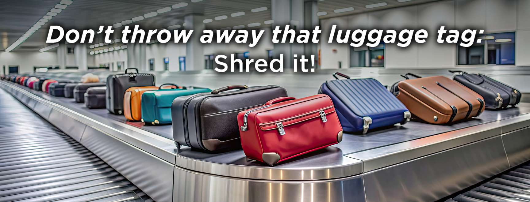 several suitcases on a baggage carousel at an airport. The text "Don't throw away that luggage tag: Shred it!" is written over the image.