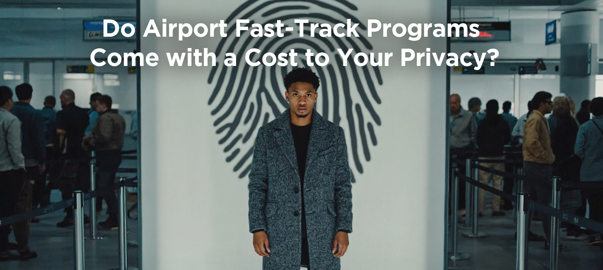 a young man standing in an airport security line. Behind him, a large graphic of a fingerprint is displayed on the wall. The text "Do Airport Fast-Track Programs Come with a Cost to Your Privacy?" is written over the image.