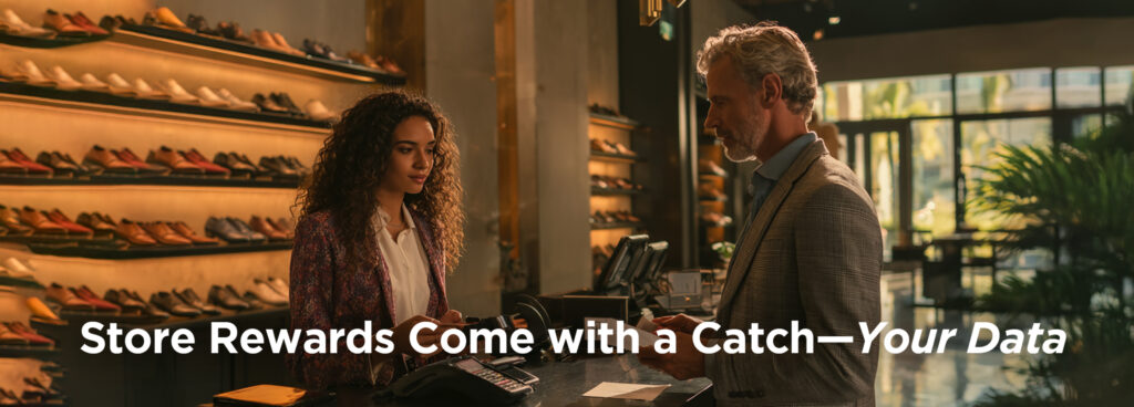 a woman with curly hair behind the counter of a shoe store assisting a male customer. The text "Store Rewards Come with a Catch—Your Data" is written over the image.