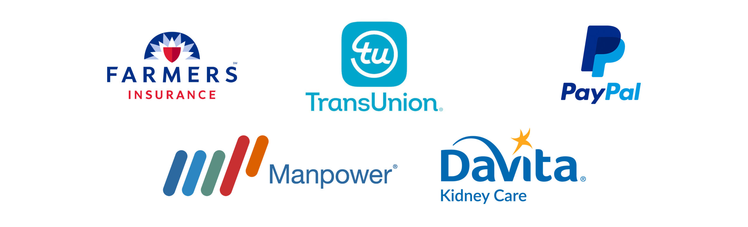 five company logos on a white background. The top row shows the logos for Farmers Insurance, TransUnion, and PayPal. The bottom row shows the logos for Manpower and DaVita Kidney Care.