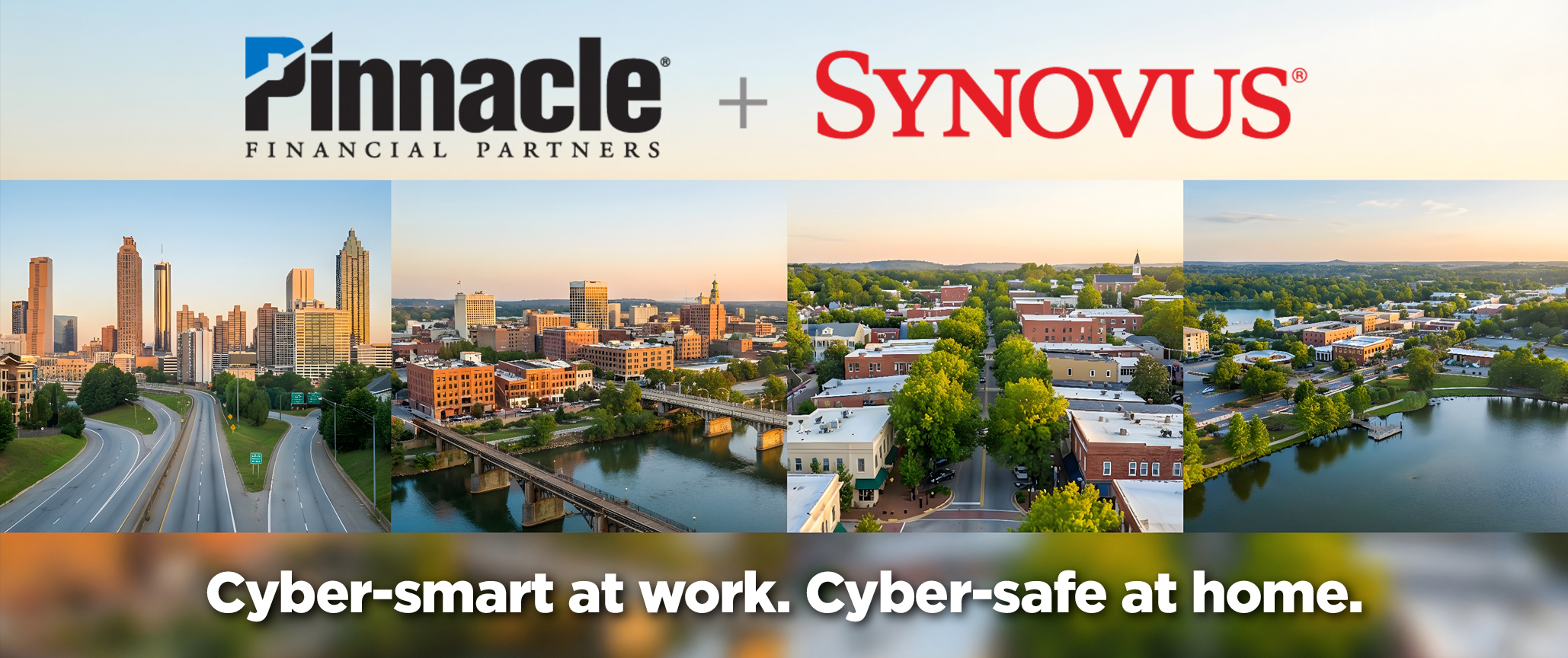 Person holding a smartphone showing an incoming call from Synovus, with coffee and cookies on the table. Red background with lock icons. Text reads: Cybersecurity News You Can Use — Always keeping you safer online.