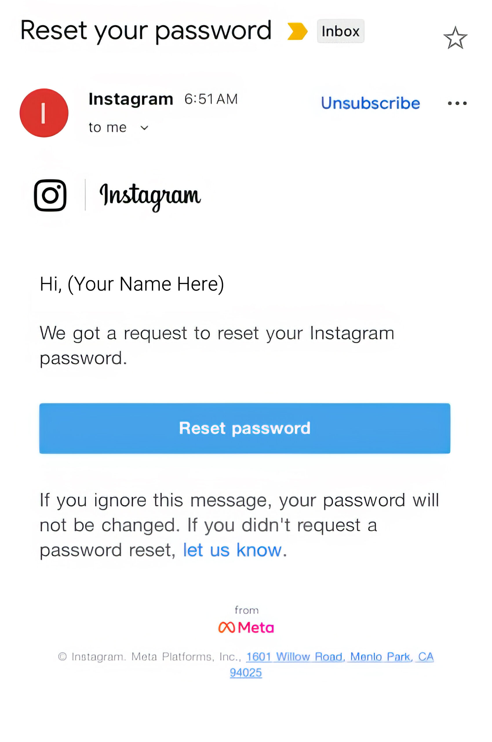 Instagram scam email